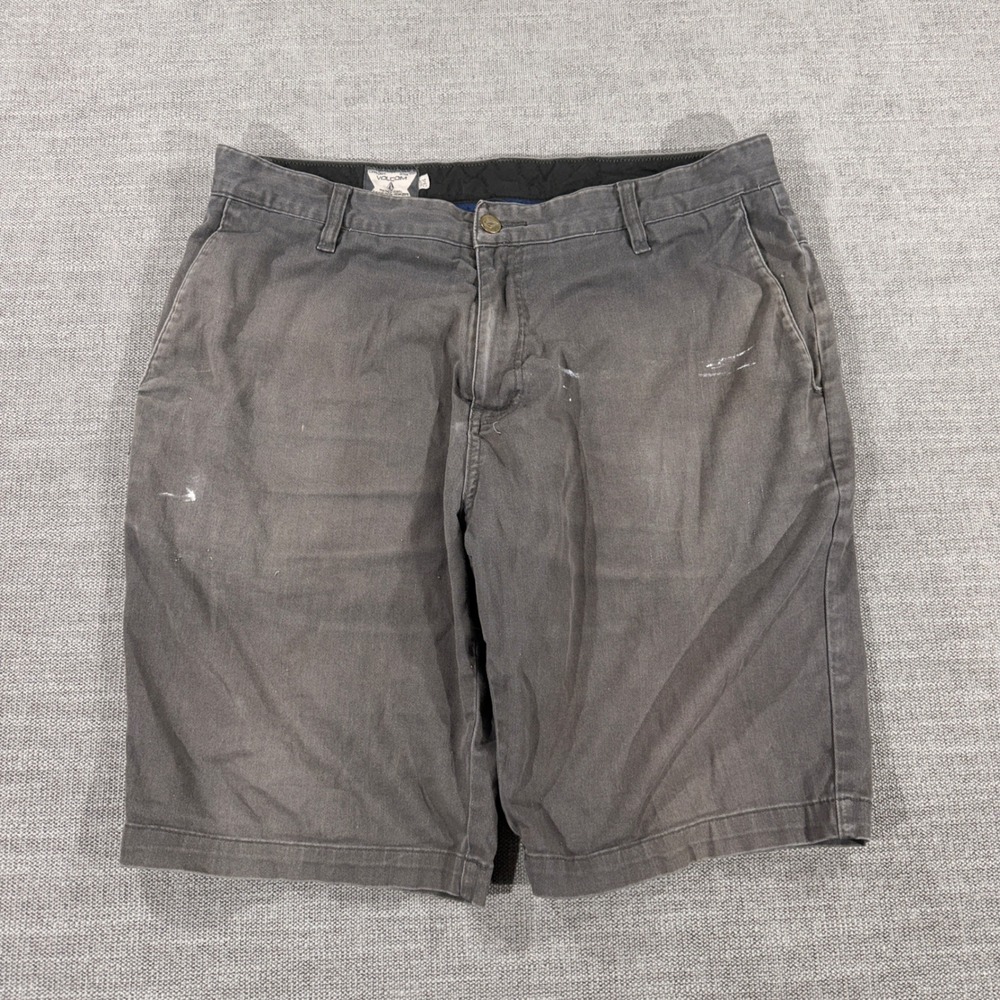 Volcom Chino Shorts Mens 34 Gray Fair Distressed Paint Splatter Skate Casual - Picture 1 of 8